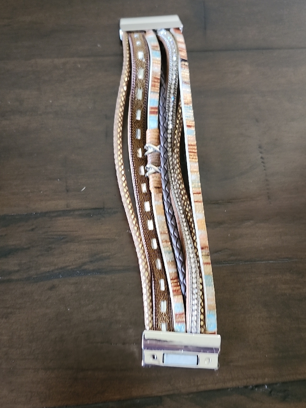 Unique 7 Strand Magnetic Clasp Brown And Turquoise Bracelet - Picture 3 of 4